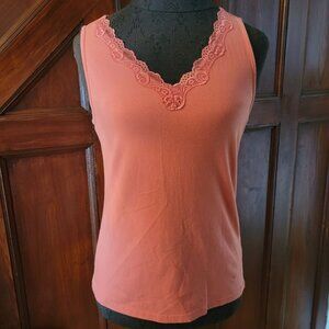 Christopher & Banks Womens Orange Lace Trim V-Neck Tank Top S 95% Cotton